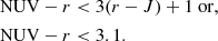 $$ \begin{aligned} \begin{aligned} \mathrm{NUV} - r&< 3(r - J) + 1 \mathrm{~or,} \\ \mathrm{NUV} - r&< 3.1. \end{aligned} \end{aligned} $$