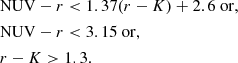 $$ \begin{aligned} \begin{aligned}&\mathrm{NUV} - r < 1.37(r - K) + 2.6 \mathrm{~or,} \\&\mathrm{NUV} - r < 3.15 \mathrm{~or,} \\&r - K > 1.3. \end{aligned} \end{aligned} $$