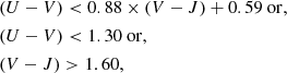 $$ \begin{aligned} \begin{aligned}&(U - V) < 0.88 \times (V - J) + 0.59 \mathrm{~or,} \\&(U - V) < 1.30 \mathrm{~or,} \\&(V - J) > 1.60, \end{aligned} \end{aligned} $$