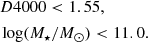 $$ \begin{aligned} \begin{aligned}&D4000 < 1.55,\\&\log ({M}_{\star }/{M}_{\odot }) < 11.0. \end{aligned} \end{aligned} $$