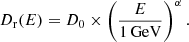 $$ \begin{aligned} D_{\rm r}(E) = D_0 \times \left(\frac{E}{1\,\mathrm{GeV}}\right)^{\alpha }. \end{aligned} $$