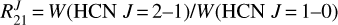 $R_{21}^J = {{W\left( {{\rm{HCN}}\,J = 2 - 1} \right)} \mathord{\left/ {\vphantom {{W\left( {{\rm{HCN}}\,J = 2 - 1} \right)} {W\left( {{\rm{HCN}}\,J = 1 - 0} \right)}}} \right. \kern-\nulldelimiterspace} {W\left( {{\rm{HCN}}\,J = 1 - 0} \right)}}$