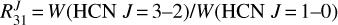 $R_{31}^J = {{W\left( {{\rm{HCN}}\,J = 3 - 2} \right)} \mathord{\left/ {\vphantom {{W\left( {{\rm{HCN}}\,J = 3 - 2} \right)} {W\left( {{\rm{HCN}}\,J = 1 - 0} \right)}}} \right. \kern-\nulldelimiterspace} {W\left( {{\rm{HCN}}\,J = 1 - 0} \right)}}$