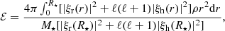 $$ \begin{aligned} \mathcal{E} = \frac{4 \pi \int _0^{R_\star } [|\xi _{\rm r} (r)|^2 + \ell (\ell +1) |\xi _{\rm h} (r)|^2] \rho r^2 \mathrm{d}r}{M_\star [|\xi _{\rm r} (R_\star )|^2 + \ell (\ell +1) |\xi _{\rm h} (R_\star )|^2]}, \end{aligned} $$