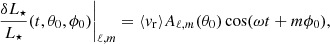 $$ \begin{aligned} \left. \frac{\delta L_\star }{L_\star } (t, \theta _0, \phi _0) \right|_{\ell ,m} = \langle v_{\rm r} \rangle A_{\ell , m} (\theta _0) \cos (\omega t + m\phi _0), \end{aligned} $$