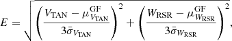 $$ \begin{aligned} E =\sqrt{ \left(\frac{V_{\text{TAN}} - \mu _{V_{\text{TAN}}}^{\text{GF}}}{3\bar{\sigma }_{V_{\text{TAN}}}}\right)^2 + \left(\frac{W_{\text{RSR}} - \mu _{W_{\text{RSR}}}^{\text{GF}}}{3\bar{\sigma }_{W_{\text{RSR}}}}\right)^2 }, \end{aligned} $$