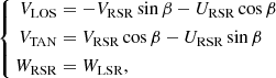 $$ \begin{aligned} \left\{ \begin{aligned} V_\text{LOS}&= - V_\text{RSR}\sin {\beta } - U_\text{RSR}\cos {\beta } \nonumber \\ V_\text{TAN}&= V_\text{RSR}\cos {\beta } - U_\text{RSR}\sin {\beta }\\ W_\text{RSR}&= W_\text{LSR},\nonumber \end{aligned}\right. \end{aligned} $$