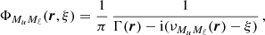 $$ \begin{aligned} \Phi _{M_u M_\ell }(\boldsymbol{r},\xi ) = \frac{1}{\pi } \, \frac{1}{\Gamma (\boldsymbol{r}) - \mathrm{i} (\nu _{M_u M_\ell }(\boldsymbol{r}) -\xi )} \, , \end{aligned} $$