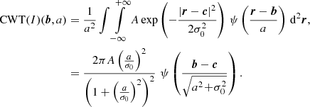 $$ \begin{aligned} \mathrm{CWT} (I)(\boldsymbol{b},a)&= \frac{1}{a^2}\int \int \limits _{-\infty }^{+\infty } A \exp \left(-\frac{|\boldsymbol{r} - \boldsymbol{c}|^2}{2\sigma _0^2}\right) \,\psi \left( \frac{\boldsymbol{r} - \boldsymbol{b}}{a}\right)\,\mathrm{d} ^2\boldsymbol{r},\nonumber \\&= \frac{2\pi A\left( \frac{a}{\sigma _0} \right) ^2}{ \left( 1+ \left( \frac{a}{\sigma _0} \right) ^2 \right)^2} \,\,\psi \left( \frac{\boldsymbol{b} - \boldsymbol{c}}{\sqrt{a^2\!+\!\sigma _0^2}} \right) . \end{aligned} $$