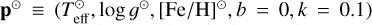 ${{\bf{p}}^ \odot } \equiv \left( {T_{{\rm{eff}}}^ \odot ,{\rm{log}}\,{g^ \odot },{{\left[ {{{{\rm{Fe}}} \mathord{\left/ {\vphantom {{{\rm{Fe}}} {\rm{H}}}} \right. \kern-\nulldelimiterspace} {\rm{H}}}} \right]}^ \odot },\,b = 0,k = 0.1} \right)$