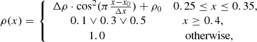 $$ \begin{aligned} \rho (x) = {\left\{ \begin{array}{ll} \Delta \rho \cdot \cos ^2(\pi \frac{x-x_0}{\Delta x})+\rho _0&0.25\le x\le 0.35, \\ \qquad 0.1 \vee 0.3 \vee 0.5&\quad x\ge 0.4, \\ \qquad \qquad 1.0&\quad \text{ otherwise,} \end{array}\right.} \end{aligned} $$