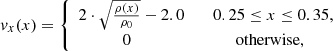 $$ \begin{aligned} v_x(x) = {\left\{ \begin{array}{ll} 2\cdot \sqrt{\frac{\rho (x)}{\rho _0}} -2.0&\quad 0.25\le x\le 0.35, \\ \,\,\qquad \quad 0&\,\,\qquad \text{ otherwise,} \end{array}\right.} \end{aligned} $$