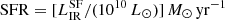 $ \mathrm{SFR}=[L_{\mathrm{IR}}^{\mathrm{SF}}/(10^{10}\,{L}_{\odot})]\,{{M}_{\odot}}\,\mathrm{yr}^{-1} $