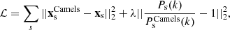 $$ \begin{aligned} \mathcal{L} = \sum _{s} || \mathbf x ^\mathrm{Camels}_{\rm s} - \mathbf x _{\rm s} ||_2^2 + \lambda || \frac{P_{\rm s}(k)}{P_{\rm s}^\mathrm{Camels}(k)} -1 ||_2^2 , \end{aligned} $$
