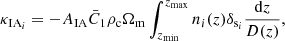$$ \begin{aligned} \kappa _{\mathrm{IA}_{i}}= - A_{\rm IA}\bar{C}_1\rho _{\rm c} \Omega _{\rm m} \int _{z_{\min }}^{z_{\max }} n_{i}(z) \delta _{\mathrm{s}_{i}} \frac{\mathrm{d}z}{D(z)} ,\end{aligned} $$