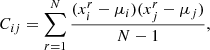 $$ \begin{aligned} C_{ij}=\sum _{r=1}^N \frac{(x_i^r-\mu _i)(x_j^r-\mu _j)}{N-1} ,\end{aligned} $$