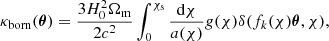 $$ \begin{aligned} \kappa _{\rm born}(\boldsymbol{\theta })= \frac{3H_0^2 \Omega _{\rm m}}{2c^2} \int _0^{\chi _{\rm s}} \frac{\mathrm{d}\chi }{a(\chi )} g(\chi ) \delta (f_k(\chi )\boldsymbol{\theta },\chi ), \end{aligned} $$
