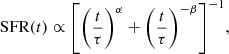 $$ \begin{aligned} {\mathrm{SFR}(t)} \propto {\left[\left(\frac{t}{\tau }\right)^\alpha + \left(\frac{t}{\tau }\right)^{-\beta }\right]}^{-1}, \end{aligned} $$