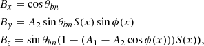 $$ \begin{aligned}&B_x = \cos {\theta _{bn}} \nonumber \\&B_y = A_2 \sin {\theta _{bn}} S(x) \sin {\phi (x)} \nonumber \\&B_z = \sin {\theta _{bn}}(1 + (A_1 + A_2 \cos {\phi (x)}))S(x)) ,\end{aligned} $$