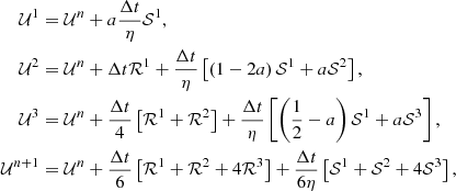 $$ \begin{aligned} \mathcal{U} ^1&= \mathcal{U} ^n + a\frac{\Delta t}{\eta }\mathcal{S} ^1, \nonumber \\ \mathcal{U} ^2&= \mathcal{U} ^n + \Delta t\mathcal{R} ^1 + \frac{\Delta t}{\eta }\left[\left(1 - 2a\right)\mathcal{S} ^1 + a\mathcal{S} ^2\right], \nonumber \\ \mathcal{U} ^3&= \mathcal{U} ^n + \frac{\Delta t}{4}\left[\mathcal{R} ^1 + \mathcal{R} ^2\right] + \frac{\Delta t}{\eta }\left[\left(\frac{1}{2} - a\right)\mathcal{S} ^1 + a\mathcal{S} ^3\right], \nonumber \\ \mathcal{U} ^{n+1}&= \mathcal{U} ^n + \frac{\Delta t}{6}\left[\mathcal{R} ^1 + \mathcal{R} ^2 + 4\mathcal{R} ^3\right] + \frac{\Delta t}{6\eta }\left[\mathcal{S} ^1+ \mathcal{S} ^2 + 4\mathcal{S} ^3\right], \end{aligned} $$