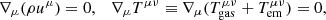 $$ \begin{aligned} \nabla _\mu (\rho u^\mu ) = 0 ,\quad \nabla _\mu T^{\mu \nu } \equiv \nabla _\mu (T^{\mu \nu }_\mathrm{gas} + T^{\mu \nu }_\mathrm{em} ) = 0, \end{aligned} $$