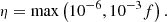 $$ \begin{aligned} \eta = \max \left(10^{-6},10^{-3}f\right). \end{aligned} $$