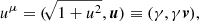 $$ \begin{aligned} u^\mu = (\!\sqrt{1 + u^2},\boldsymbol{u}) \equiv (\gamma ,\gamma \boldsymbol{v}), \end{aligned} $$