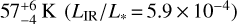 $57_{ - 4}^{ + 6}\,{\rm{K}}\,\,\left( {{{{L_{{\rm{IR}}}}} \mathord{\left/ {\vphantom {{{L_{{\rm{IR}}}}} {{L_*} = 5.9 \times {{10}^{ - 4}}}}} \right. \kern-\nulldelimiterspace} {{L_*} = 5.9 \times {{10}^{ - 4}}}}} \right)$