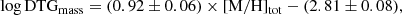 $$ \begin{aligned} \log \mathrm{DTG_{mass}} = (0.92\pm 0.06)\times \mathrm{[M/H]_{tot}} - (2.81\pm 0.08) ,\end{aligned} $$