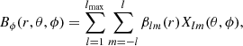 $$ \begin{aligned}&B_{\phi }(r,\theta ,\phi ) = \sum _{l=1}^{l_{\rm max}}\sum _{m=-l}^{l}\beta _{lm}(r)X_{lm}(\theta ,\phi ), \end{aligned} $$