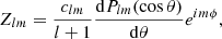 $$ \begin{aligned}&Z_{lm} = \frac{c_{lm}}{l+1} \frac{\mathrm{d}P_{lm}(\cos \theta )}{\mathrm{d}\theta } e^{im\phi }, \end{aligned} $$