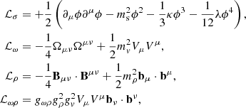 $$ \begin{aligned} \mathcal{L}_\sigma&=+\frac{1}{2}\left(\partial _{\mu }\phi \partial ^{\mu }\phi -m_{\rm s}^2 \phi ^2 - \frac{1}{3}\kappa \phi ^3 -\frac{1}{12}\lambda \phi ^4\right),\nonumber \\ \mathcal{L}_\omega&=-\frac{1}{4}\Omega _{\mu \nu }\Omega ^{\mu \nu }+\frac{1}{2} m_v^2 V_{\mu }V^{\mu }, \nonumber \\ \mathcal{L}_\rho&=-\frac{1}{4}\mathbf B _{\mu \nu }\cdot \mathbf B ^{\mu \nu }+\frac{1}{2} m_\rho ^2 \mathbf b _{\mu }\cdot \mathbf b ^{\mu }, \nonumber \\ \mathcal{L}_{\omega \rho }&= g_{\omega \rho } g_\rho ^2 g_v^2 V_{\mu }V^{\mu }\mathbf b _{\nu }\cdot \mathbf b ^{\nu } ,\end{aligned} $$