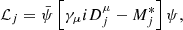 $$ \begin{aligned} \mathcal{L}_j = \bar{\psi }\left[\gamma _\mu i D_j^\mu - M_j^*\right]\psi , \end{aligned} $$