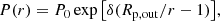 $$ \begin{aligned} P(r)&= P_0 \exp {\left[\delta (R_{\mathrm{p, out}}/r-1)\right]}, \end{aligned} $$