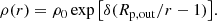 $$ \begin{aligned} \rho (r)&= \rho _0 \exp {\left[\delta (R_{\mathrm{p, out}}/r-1)\right]}. \end{aligned} $$