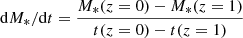 $ \mathrm{d}M_{\mathrm{\ast}}/\mathrm{d}t = \frac{M_{\mathrm{\ast}}(z=0)-M_{\mathrm{\ast}}(z=1)}{t(z=0)-t(z=1)} $