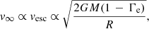 $$ \begin{aligned} v_{\infty } \propto v_{\rm esc} \propto \sqrt{\frac{2 G M (1\,-\,\Gamma _{\rm e})}{R}}, \end{aligned} $$