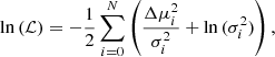 $$ \begin{aligned} \ln {(\mathcal{L} )}=-\frac{1}{2}\sum \limits _{i=0}^N \left(\frac{\Delta \mu _i^2}{\sigma _i^2}+ \ln {(\sigma _i^2)}\right), \end{aligned} $$