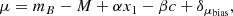 $$ \begin{aligned} \mu =m_B-M+\alpha x_1 - \beta c +\delta _{\mu _{\rm bias}}, \end{aligned} $$