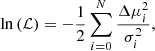 $$ \begin{aligned} \ln {(\mathcal{L} )}=-\frac{1}{2}\sum \limits _{i=0}^N \frac{\Delta \mu _i^2}{\sigma _i^2}, \end{aligned} $$