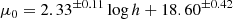 $$ \begin{aligned} \mu _0 = 2.33^{\pm 0.11} \log h + 18.60^{\pm 0.42} \end{aligned} $$