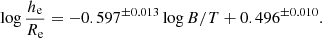 $$ \begin{aligned} \log {h_{\rm e}\over R_{\rm e}} = -0.597^{\pm 0.013} \log B/T + 0.496^{\pm 0.010}. \end{aligned} $$