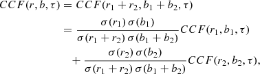 $$ \begin{aligned} CCF(r,b,\tau )&=CCF(r_1 + r_2, b_1 + b_2, \tau )\nonumber \\&= \frac{\sigma (r_1) \, \sigma (b_1)}{\sigma (r_1 + r_2) \, \sigma (b_1 + b_2)} CCF(r_1,b_1,\tau )\nonumber \\&\quad +\frac{\sigma (r_2) \, \sigma (b_2)}{\sigma (r_1 + r_2) \, \sigma (b_1 + b_2)} CCF(r_2,b_2,\tau ), \end{aligned} $$