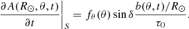 $$ \begin{aligned} \left.\frac{\partial A(R_\odot ,\theta ,t)}{\partial t}\right|_{{S}}= f_\theta (\theta ) \sin \delta \frac{b(\theta ,t)/R_{\odot }}{\tau _0}. \end{aligned} $$