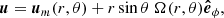 $$ \begin{aligned}&\boldsymbol{u}=\boldsymbol{u}_m(r,\theta )+r\sin {\theta }\ \Omega (r,\theta )\boldsymbol{\hat{e}}_{\phi }, \end{aligned} $$