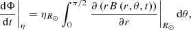 $$ \begin{aligned} \left.\frac{\mathrm{d} \Phi }{\mathrm{d} t}\right|_\eta =\eta _{R_{\odot }}\int _0^{\pi /2}\left.\frac{\partial \left(r B\left(r,\theta ,t\right)\right)}{\partial r}\right|_{R_{\odot }}\mathrm{d} \theta , \end{aligned} $$