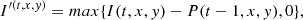 $$ \begin{aligned} I^{\prime (t,x,y)} = max\{I(t,x,y) - P(t-1,x,y), 0\} ,\end{aligned} $$