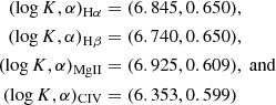 $$ \begin{aligned} (\log K, \alpha ){_{\mathrm{H\alpha }}}&= (6.845, 0.650),\\ (\log K, \alpha ){_{\rm H\beta }}&= (6.740, 0.650),\\ (\log K, \alpha )_{\rm Mg{\footnotesize {II}}}&= (6.925, 0.609),~\mathrm{and}\\ (\log K, \alpha )_{\rm C{ {IV}}}&= (6.353, 0.599) \end{aligned} $$