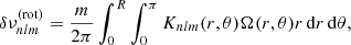 $$ \begin{aligned} \delta \nu ^\mathrm{(rot)}_{nlm} = \frac{m}{2\pi } \int ^{R}_0 \int ^\pi _0 K_{nlm}(r, \theta ) \Omega (r, \theta ) r\,\mathrm{d}r\,\mathrm{d}\theta , \end{aligned} $$