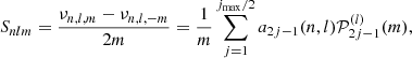 $$ \begin{aligned}&S_{nlm} = \frac{\nu _{n,l,m} - \nu _{n,l,-m}}{2m} = \frac{1}{m} \sum ^{j_{\max }/2}_{j=1} a_{2j-1}(n,l) \mathcal{P} ^{(l)}_{2j-1}(m), \end{aligned} $$